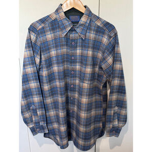 Men's Pendleton Blue Beige Plaid wool lobg sleeve Casual Button Down Shirt L